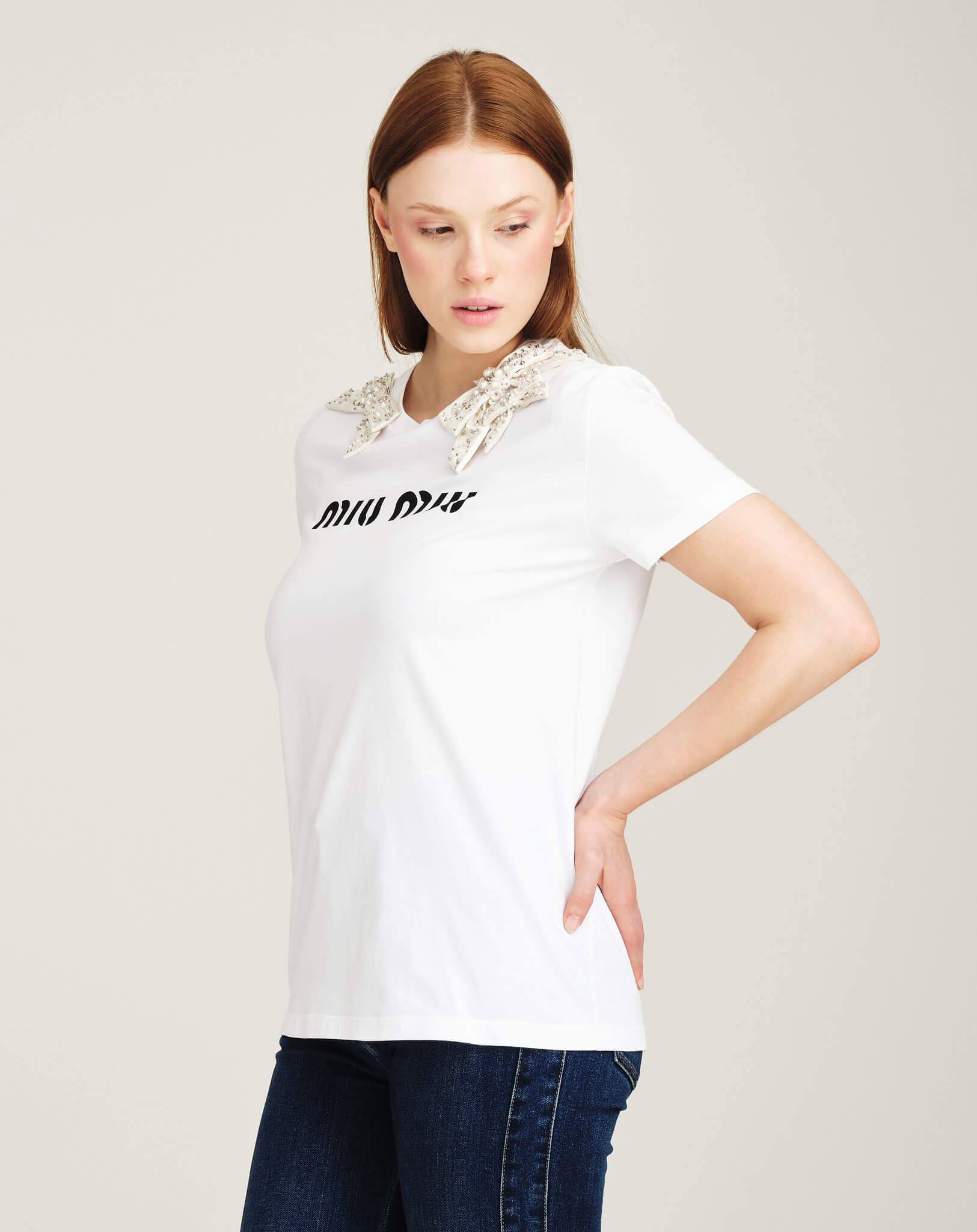 Miu Miu - Embellished Cotton Logo Front Tshirt M